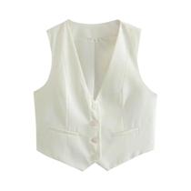 Colete Feminino Preto E Branco Cropped Com Decote Em V Sem Mangas, Moda Verão, Roupa De Trabalho, - MUJER