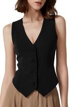 Colete feminino QINSEN, decote em V, sem mangas, botão, preto M