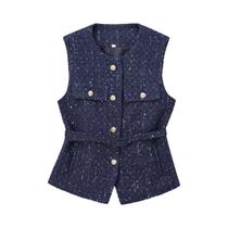 Colete Feminino Sem Mangas Azul, Branco Off-White E Preto Texturizado - Moda Verão