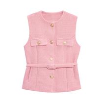 Colete Feminino Sem Mangas Com Cinto E Botões Metálicos, Blazer Casual Para Escritório