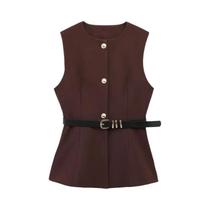 Colete Feminino Sem Mangas com Cinto e Gola Redonda - Moda Outono/Inverno 2024