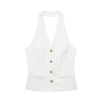 Colete Feminino Sem Mangas Com Decote Em V Vintage, Top Casual Chic De Verão Com Botões Frontais