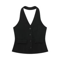 Colete Feminino Sem Mangas Com Decote Em V Vintage, Top Casual Chic De Verão Com Botões Frontais