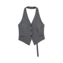 Colete Feminino Sem Mangas - Ombro de Fora, Costas Nuas, Gola Halter - Preto e Branco