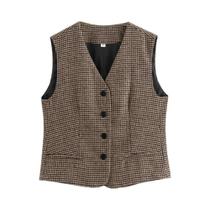 Colete Feminino Slim Fit Com Decote Em V E Estampa Pied-de-Poule, Sem Mangas, Estilo Retrô Para