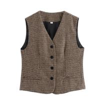 Colete Feminino Slim Fit Com Decote Em V E Estampa Pied-de-Poule, Sem Mangas, Estilo Retrô Para