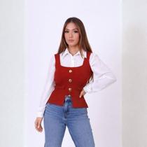 Colete Feminino Tricot Gola Quadrada Inverno Luxo com Botões Dourados Elegante e Sofisticado