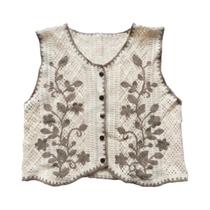 Colete Feminino Vintage Com Bordado Floral Em Crochê, Sem Mangas, Com Botões Frontais, Cardigã