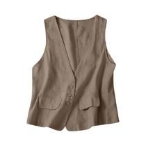 Colete Feminino Vintage de Linho e Algodão - Decote V, Sem Mangas, Casual