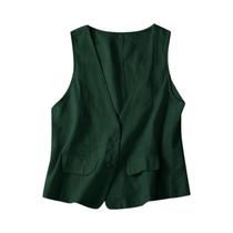 Colete Feminino Vintage de Linho e Algodão - Decote V, Sem Mangas, Casual