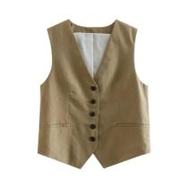 Colete Feminino Vintage Em Linho Com Decote V E Botões Frontais - Blusa Chique Sem Mangas Colete Feminino Vintage Em Linho Com Decote V E Botões Frontais - Blusa Chique Sem Mangas