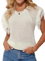 Colete GRACE KARIN Fringe, gola redonda, sem mangas, branco M