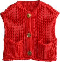 Colete Himosyber Chunky Knit Crochet Vermelho com Bolsos