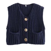 Colete Hixiaohe Crochet Chunky Knit sem mangas azul marinho