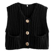 Colete Hixiaohe Crochet Chunky Knit sem mangas preto