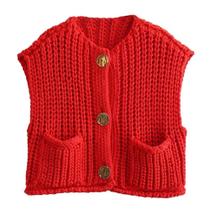 Colete Hixiaohe Crochet Chunky Knit sem mangas vermelho
