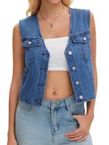 Colete jeans CIMUK feminino com decote em V, sem mangas, cortado, azul