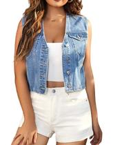 Colete jeans cortado LifeShe feminino com decote em V sem mangas