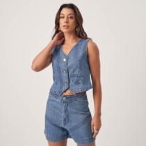 Colete Jeans Curto Detalhe De Pespontos Azul Médio