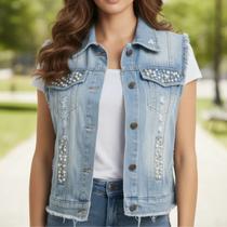 Colete Jeans Feminino Destroyed Com Perolas Moda Feminina