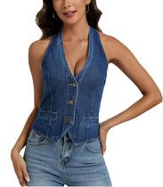Colete jeans feminino Ladyful Halter com decote em V