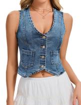 Colete Jeans Genhoo Sem Mangas com Decote V e Botões