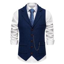 Colete Masculino Retrô Britânico Casual De Tweed Com Lapela E Corrente, Com Bolsos, Estilo Vintage