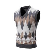Colete Masculino Slim Fit Com Decote Em V, Tricô Argyle, Pullover Casual, Suéter Leve
