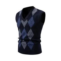 Colete Masculino Slim Fit Com Decote Em V, Tricô Argyle, Sem Mangas, Casual, Pulôver, Suéter, Moda