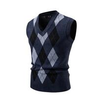 Colete Masculino Slim Fit Com Decote Em V, Tricô Argyle, Sem Mangas, Casual, Pulôver, Suéter, Moda