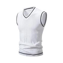 Colete Masculino Slim Fit De Tricô Com Decote Em V, Sem Mangas, Estilo Fashion Com Patchwork, Suéter