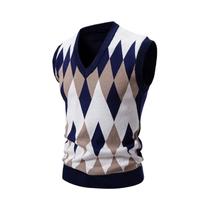 Colete Masculino Slim Fit Em Tricô Argyle Com Decote Em V, Pullover Casual, Suéter Leve