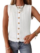 Colete Saodimallsu, crochê, malha, botão, branco, feminino Colete Saodimallsu, crochê, malha, botão, branco, feminino