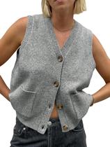 Colete Saodimallsu sem mangas com decote em V, tricotado cinza para mulheres Colete Saodimallsu sem mangas com decote em V, tricotado cinza para mulheres