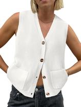 Colete Saodimallsu sem mangas com decote em V tricotado feminino branco Colete Saodimallsu sem mangas com decote em V tricotado feminino branco