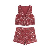 Colete Sem Mangas Feminino E Shorts Mini Com Bordado Moda Streetwear Primavera Verão KONDALA 2025