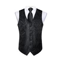 Colete Social Masculino Preto Paisley Com Gravata Borboleta, Lenço De Bolso E Abotoaduras Para