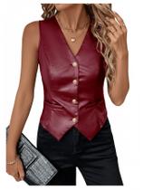 Colete SweatyRocks de couro PU com botões, decote em V, sem mangas, bordô