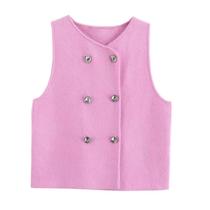 Colete Tricotado Rosa Sem Mangas Para Mulheres, Suéter Curto Com Decote Redondo, Elegante Colete