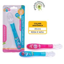 Colher Bebê Infantil Silicone Macio Anatômico Desenhada Rosa