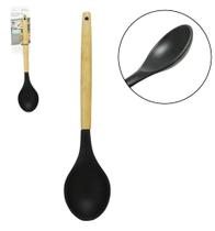 Colher de Arroz Multiuso de Silicone Preta Cabo Madeira 31x7cm