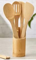 Colher De Pau Bambu Madeira Culinário 4 Peças + Suporte