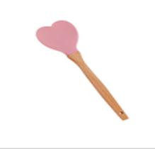 Colher de Silicone com Cabo de Bambu Heart Rosa 27cm
