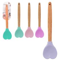 Colher de silicone em formato de coração pequena rosa ou verde com cabo de madeira