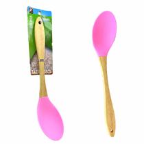 Colher de Silicone Utensílio de Cozinha Servir Arroz Cabo Madeira Resistente Rosa