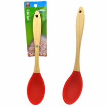 Colher de Silicone Utensílio de Cozinha Servir Arroz Cabo Madeira Resistente Vermelho