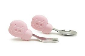 Colher E Garfo Cabo Silicone Porquinha Rosa- Marcus & Marcus