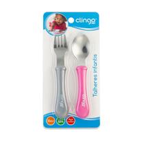 Colher e garfo infantil inox clingo rosa e cinza c2258 Colher e garfo infantil inox clingo rosa e cinza c2258