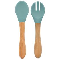 Colher e Garfo Silicone e Bambu Dig In Aqua Green - Minikoioi