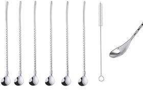 Colher Longa Canudo Drink Aço inox Kit 6 Peças e 01 Escova Limpeza